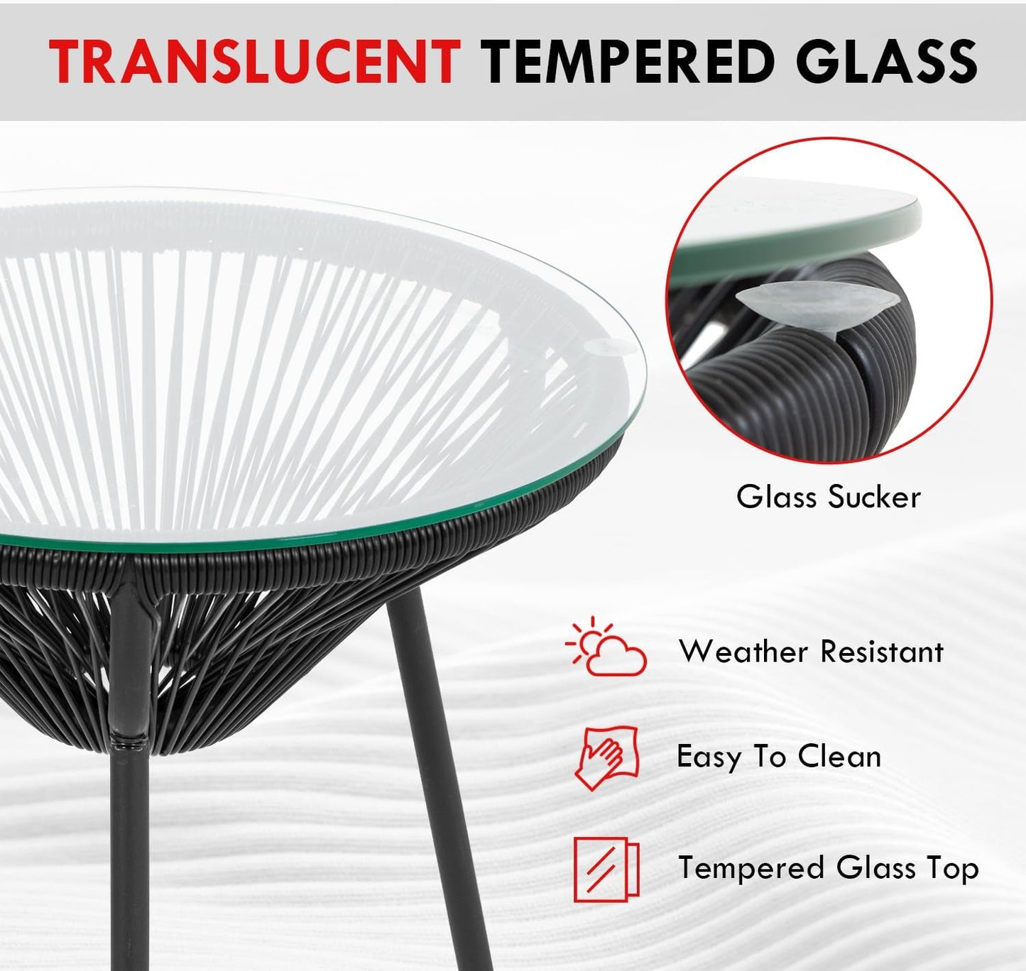 Acapulco Patio Bistro Set 3-Piece Outdoor Furniture Set All-Weather Woven Rope Patio Conversation Set with Glass Top Table and 2 Chairs (Black)-4