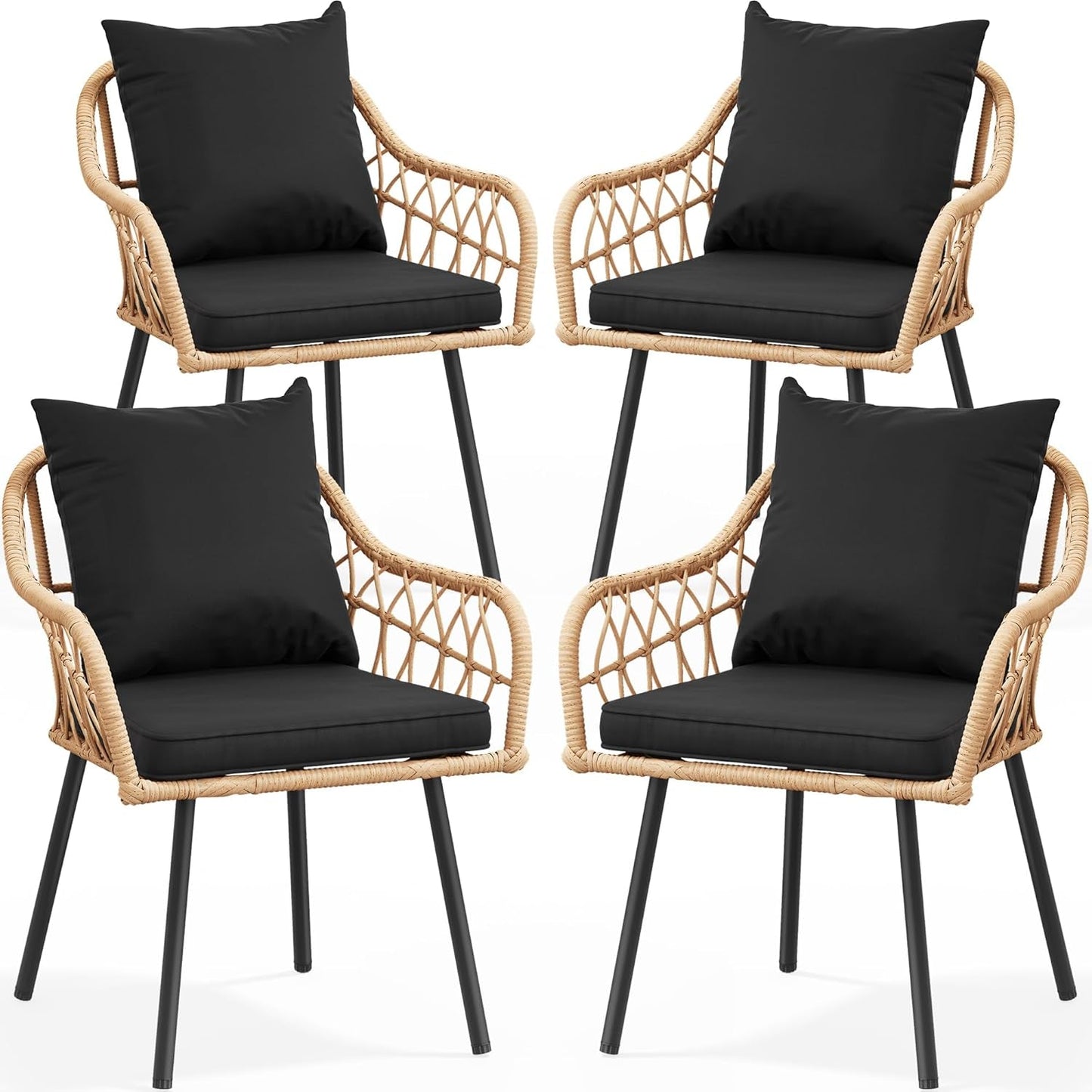 Patio Chairs Set of 4, Outdoor Patio Furniture Dining Chairs, All-Weather Rattan Conversation Chairs with Soft Cushions for Backyard Deck (Light Brown+Black)-0