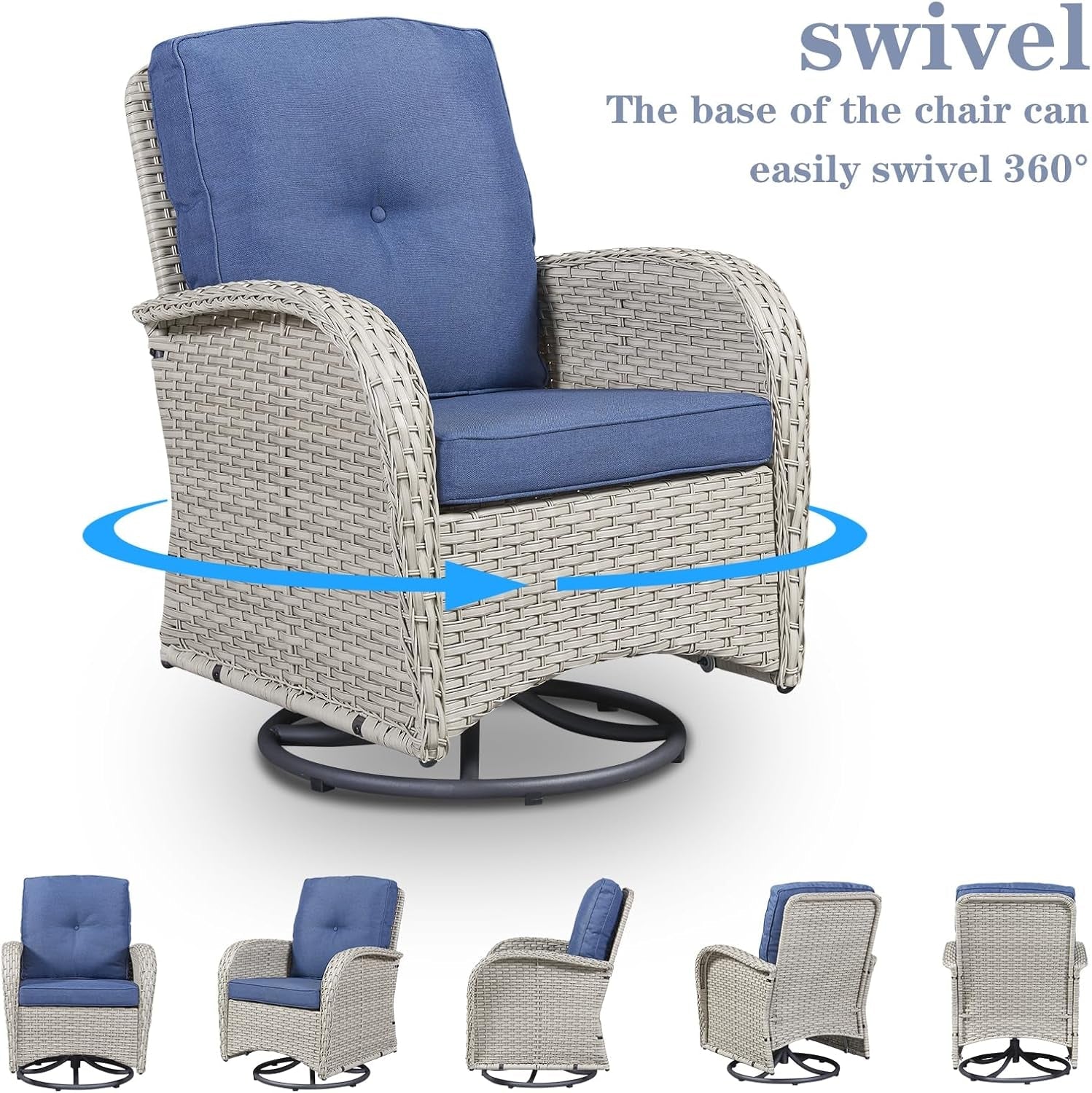 Patio Wicker Chairs Swivel Rocker - Outdoor Swivel Rocking Chairs Set of 2 with Rattan Side Table,3 Piece Patio Swivel Glider Chair Furniture Sets for Patio Porch Pool Light Beige/Blue-1