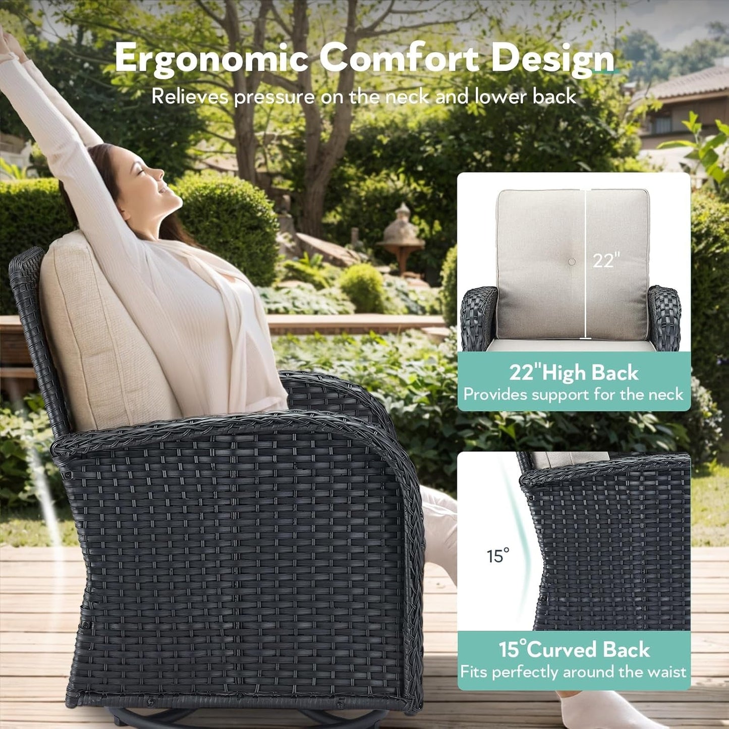 Outdoor Swivel Glider Rocker Chairs Set of 4 - Wicker Patio Furniture Set All Weather Patio Conversatio Sets with 2 Tempered Glass Side Table for Deck Backyard - Black Wicker Beige Cushion-4