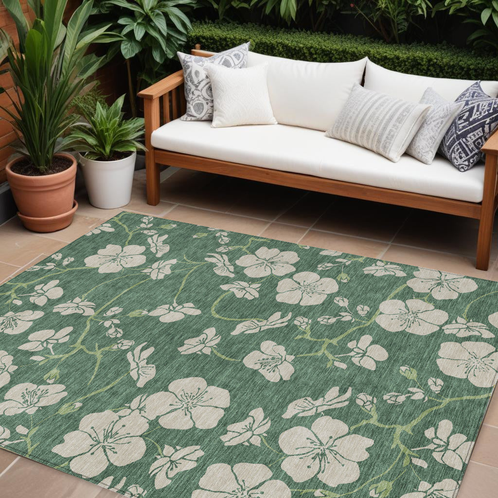 10' X 14' Sage And Ivory Floral Washable Indoor Outdoor Area Rug
