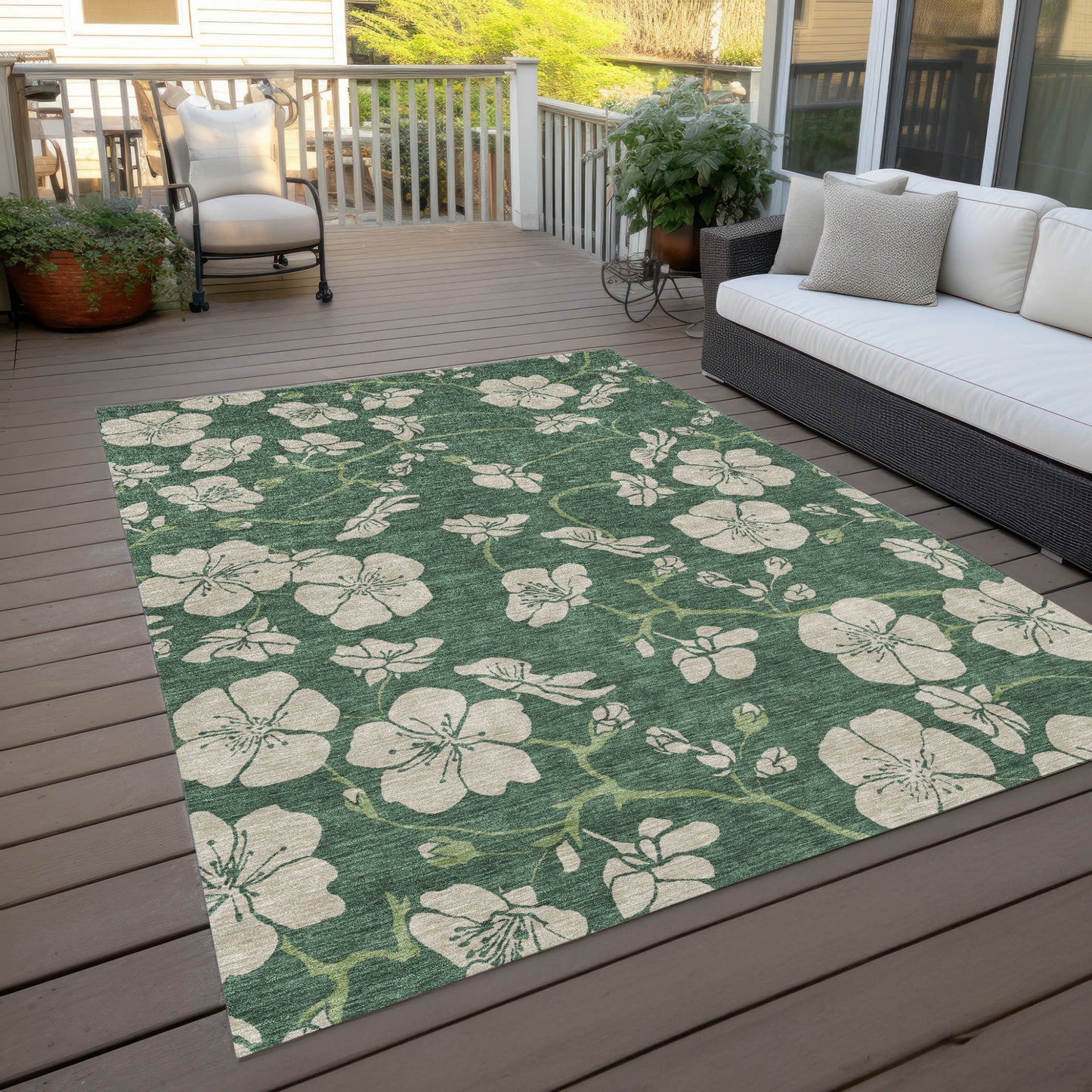 10' X 14' Sage And Ivory Floral Washable Indoor Outdoor Area Rug