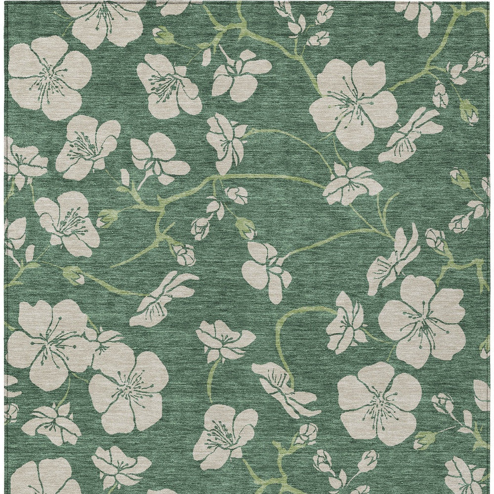 10' X 14' Sage And Ivory Floral Washable Indoor Outdoor Area Rug