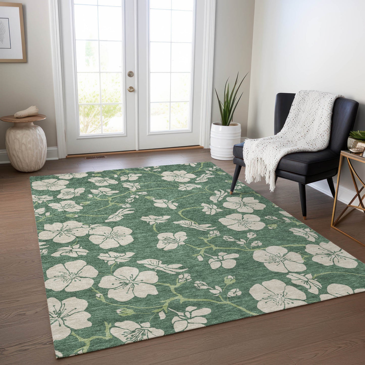 10' X 14' Sage And Ivory Floral Washable Indoor Outdoor Area Rug