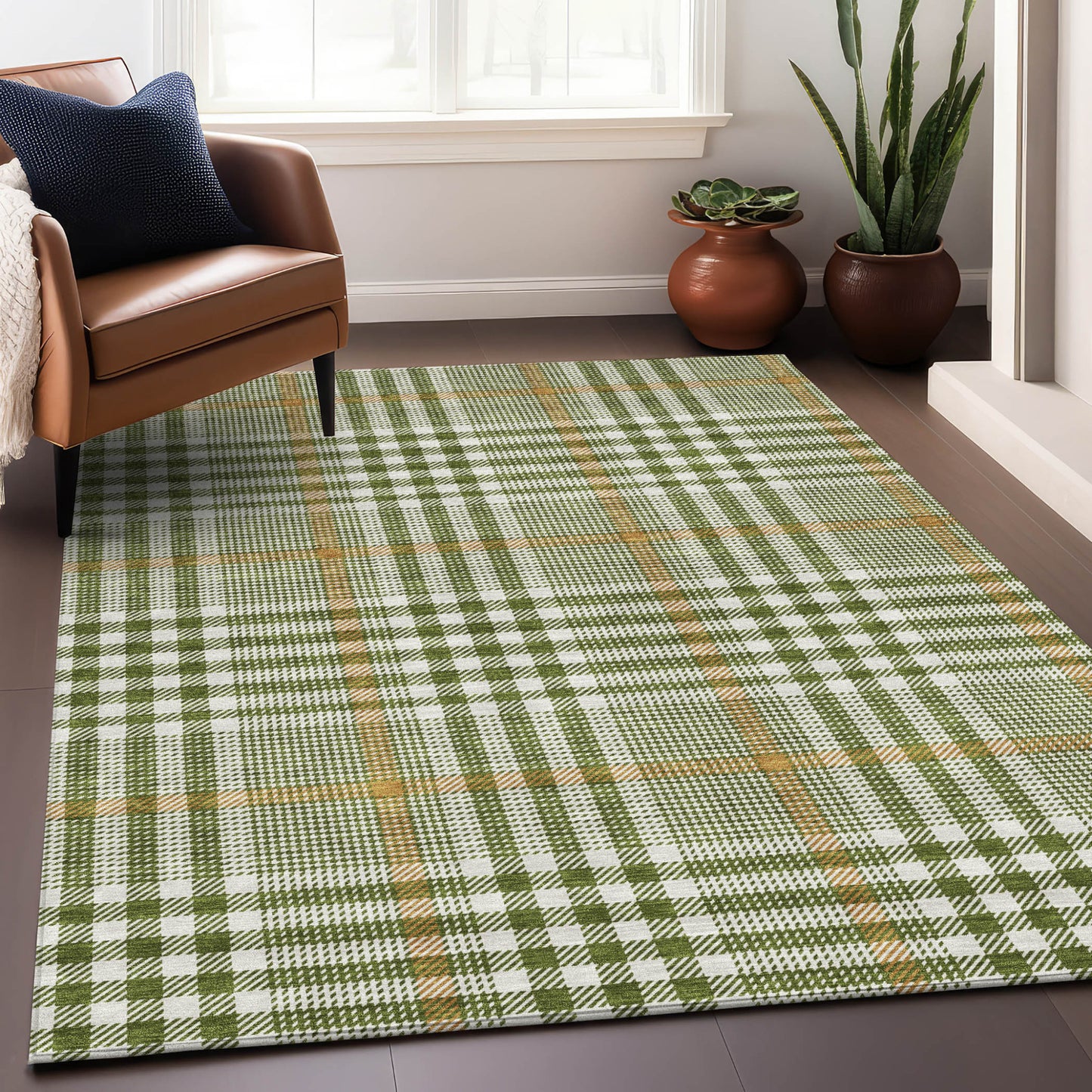 8' X 10' Olive Green Brown And Ivory Plaid Washable Indoor Outdoor Area Rug