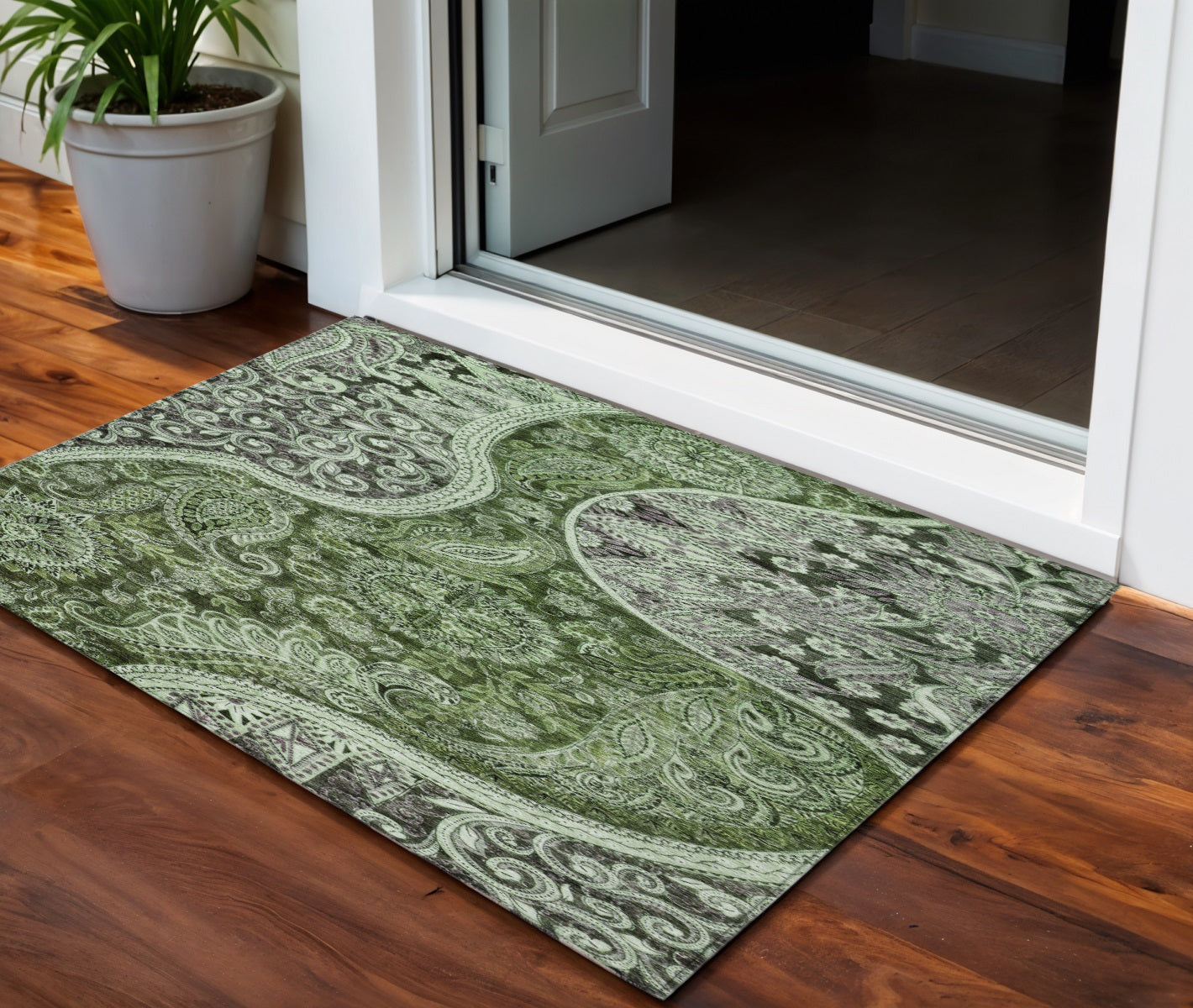 3' X 5' Olive Green Charcoal And Gray Floral Medallion Washable Indoor Outdoor Area Rug