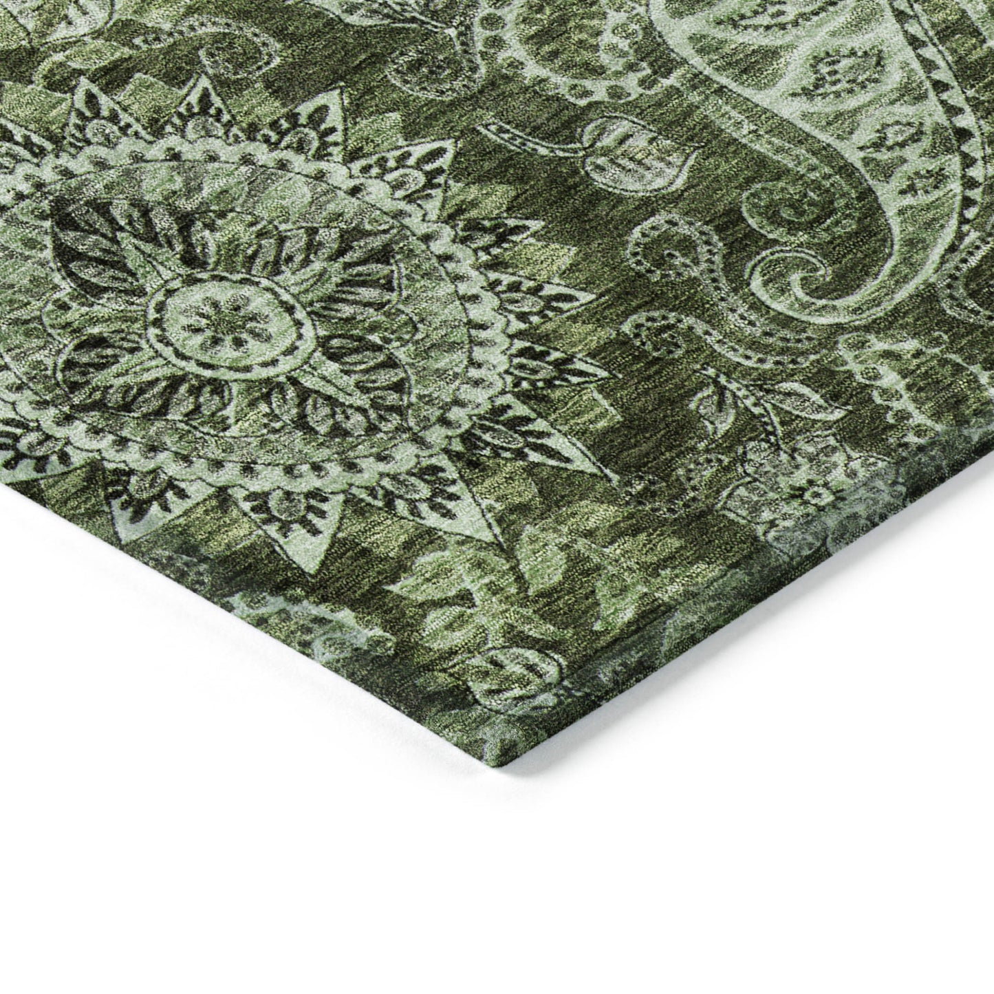 3' X 5' Olive Green Charcoal And Gray Floral Medallion Washable Indoor Outdoor Area Rug