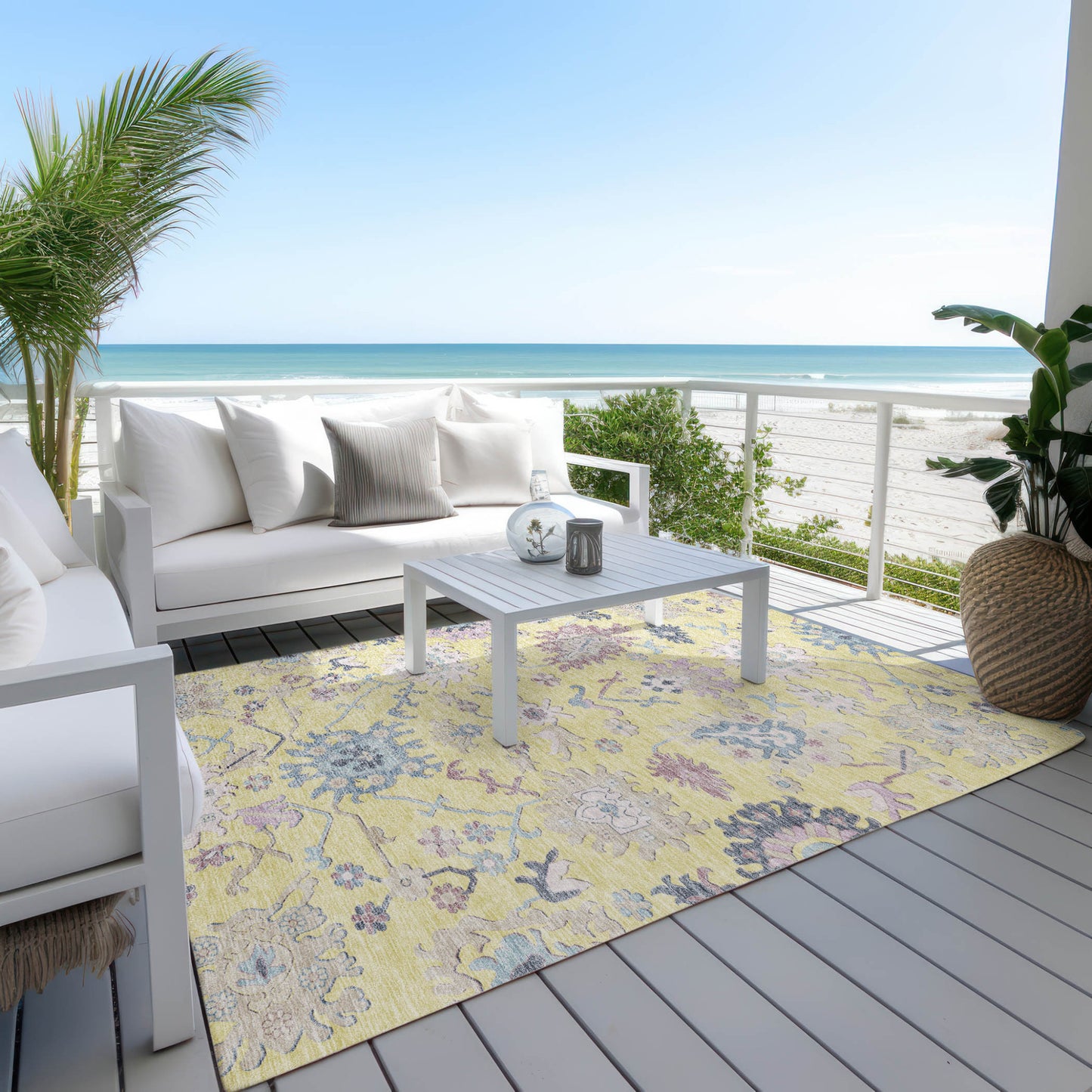 10' X 14' Yellow Lavender And Denim Blue Floral Washable Indoor Outdoor Area Rug