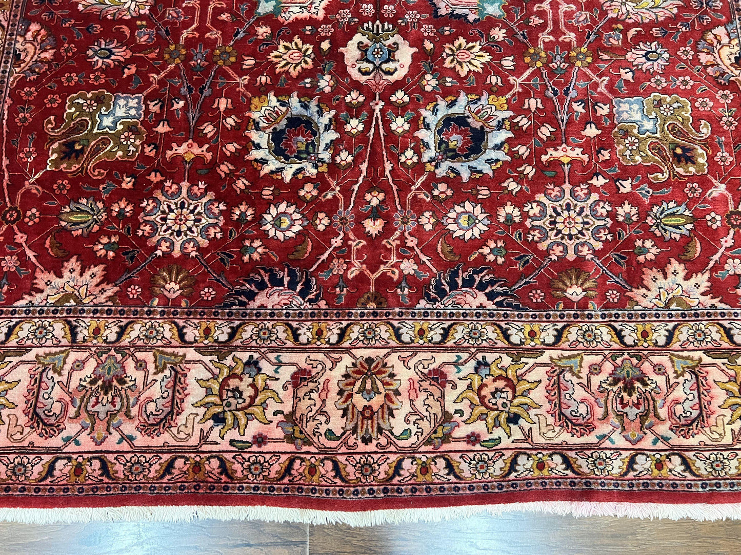 Persian Tabriz Rug 10x12, Floral Allover, Handmade Vintage Wool Carpet, Red and Cream-4
