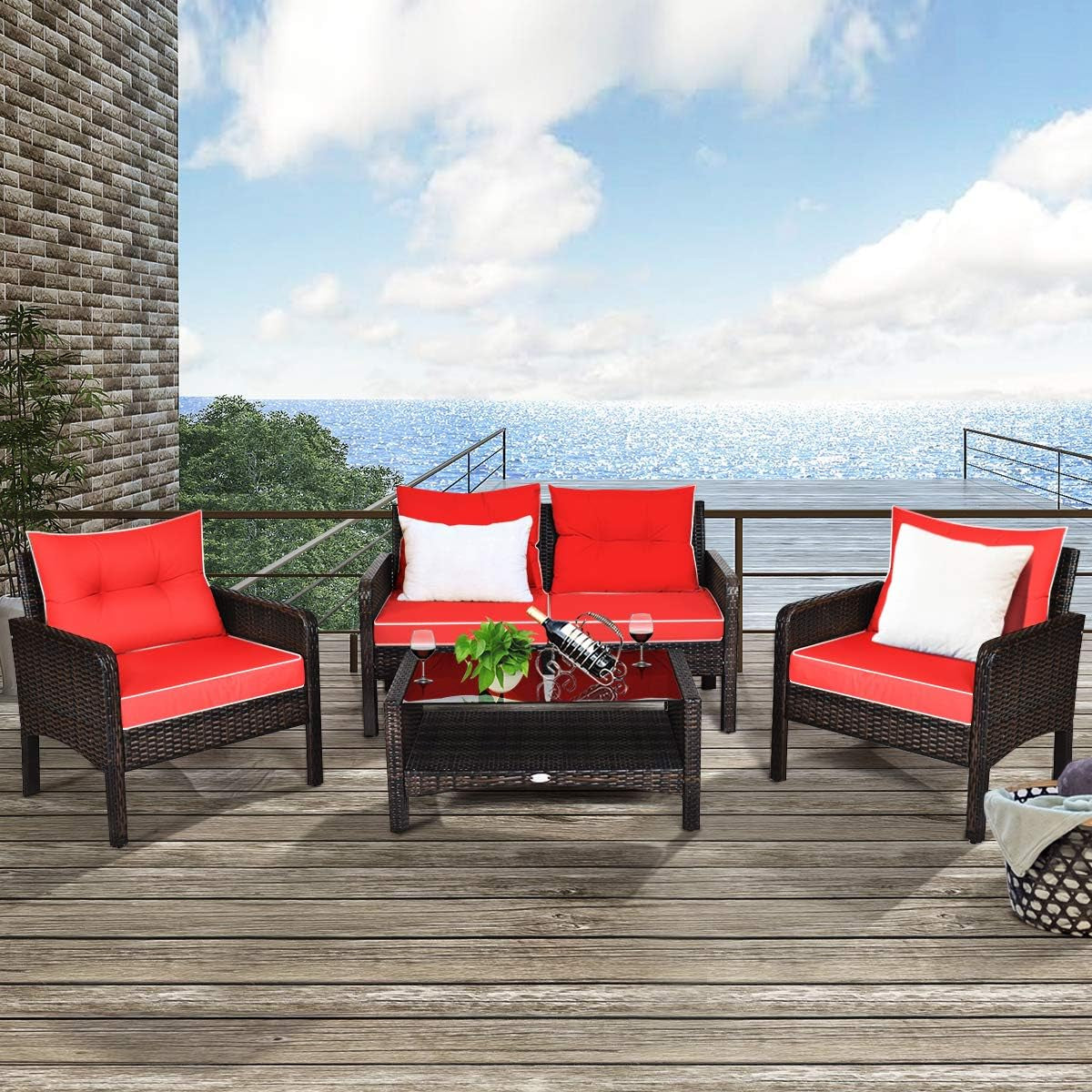 4 Piece Outdoor Wicker Patio Furniture Set with Cushions
