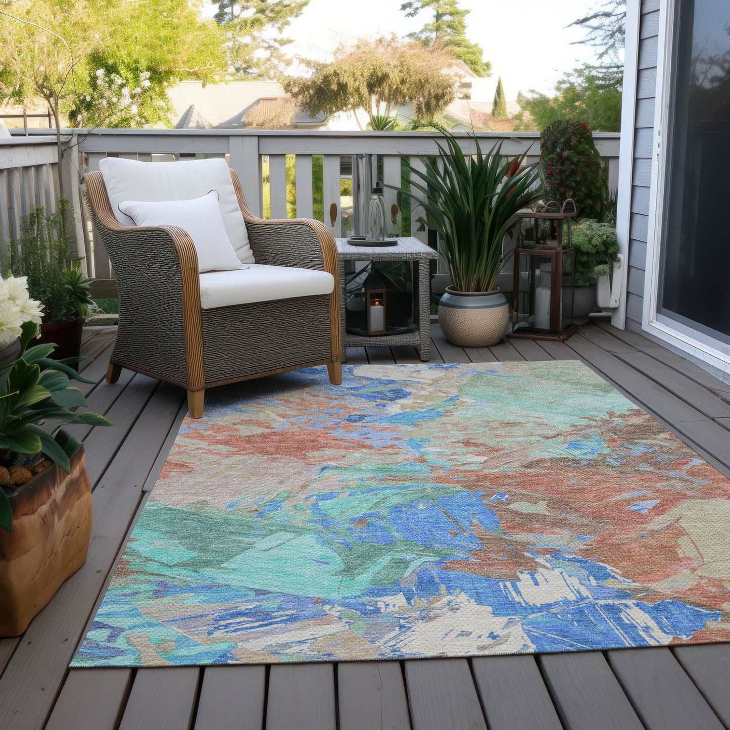 3' X 5' Coral Teal Blue And Mint Green Abstract Washable Indoor Outdoor Area Rug