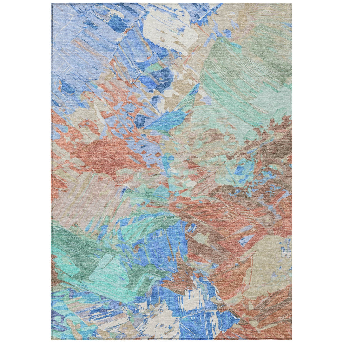 3' X 5' Coral Teal Blue And Mint Green Abstract Washable Indoor Outdoor Area Rug