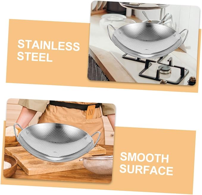 PRETYZOOM Stainless Steel Korean Wok Pan with Double Handles Honeycomb Cooking Pot for Seafood and Hot Pot Lightweight Non Slip Cookware for Home and Camping Use
