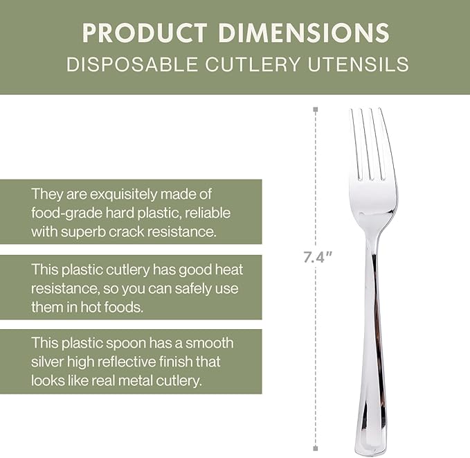 Silver Disposable Forks, 120 Count, Plastic Silverware Set, Perfect for Parties, Holiday Gatherings, Picnics, and Stocking the Pantry