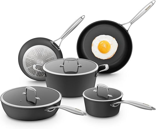 Pots and Pans Set Nonstick 8Pcs Cookware Sets, PFAS/PFOS/PFOA/BPA Free Induction Cookware Non-Stick Cooking Set with Frying Pans & Saucepans, Black