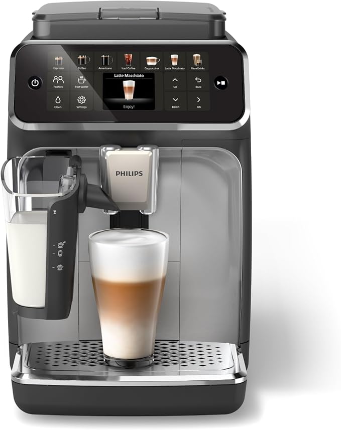 PHILIPS 4400 Series Fully Automatic Espresso Machine – 12 Hot & Iced Coffees, Quick-to-Clean LatteGo Milk System, SilentBrew, QuickStart, Ceramic Grinder, Black Chrome (EP4444/90)