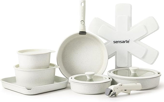 SENSARTE 17 Piece Pots and Pans Set, Nonstick Detachable Handle Cookware Set, Induction     Kitchen Cookware Set with Removable Handle, Healthy Non Stick for RV, Dishwasher & Oven Safe, PFOA Free (White)