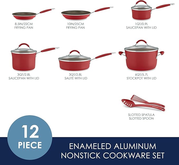 Rachael Ray Cucina Nonstick Cookware Pots and Pans Set, 12 Piece, Cranberry Red
