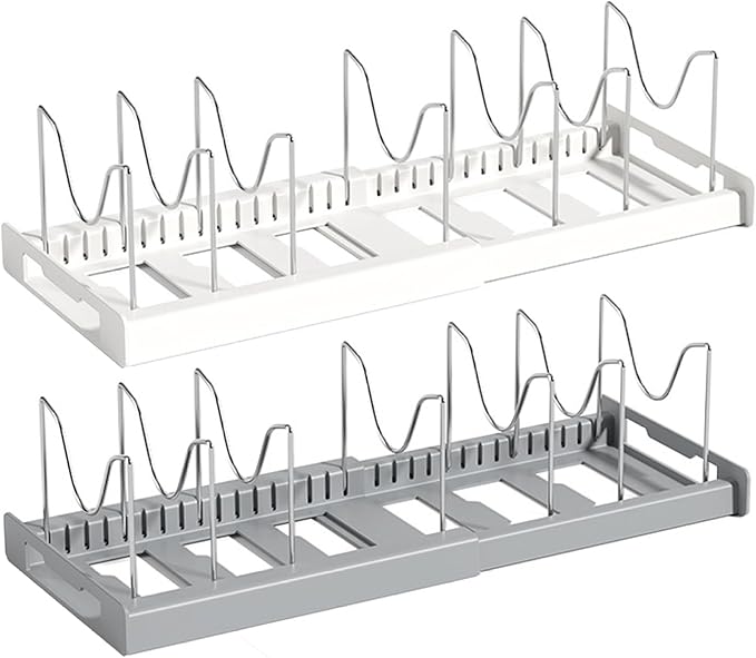 Pot and Pan Organizer, Expandable Pot Lid Holder with 7 Adjustable Compartments, U-shape Rack Organizer, Space-saving Lid for Cabinet, White