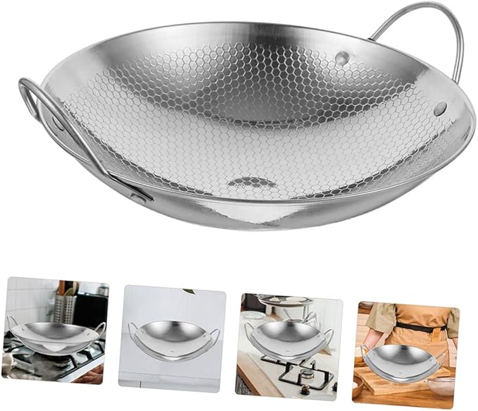 PRETYZOOM Stainless Steel Korean Wok Pan with Double Handles Honeycomb Cooking Pot for Seafood and Hot Pot Lightweight Non Slip Cookware for Home and Camping Use