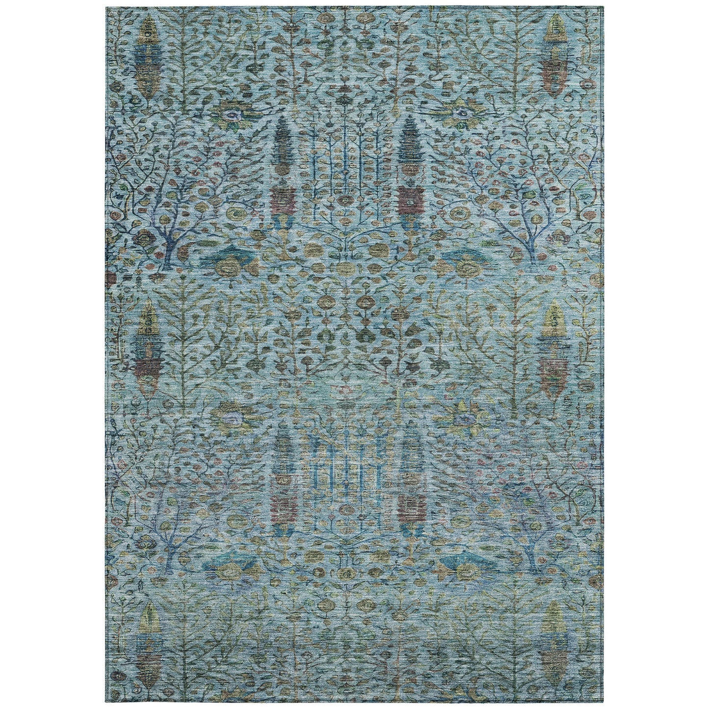 3' X 5' Teal Blue And Pale Aqua Floral Washable Indoor Outdoor Area Rug