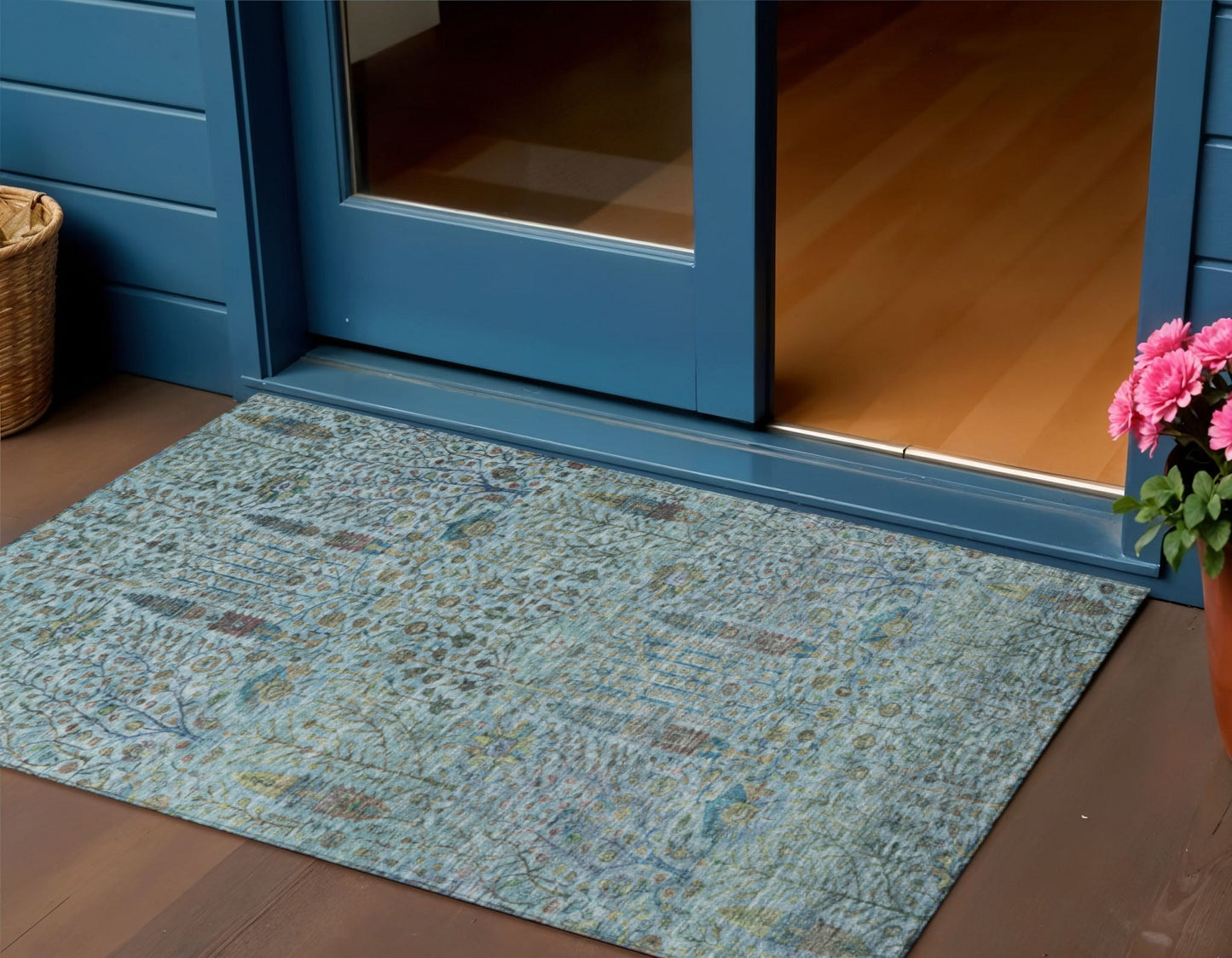 3' X 5' Teal Blue And Pale Aqua Floral Washable Indoor Outdoor Area Rug