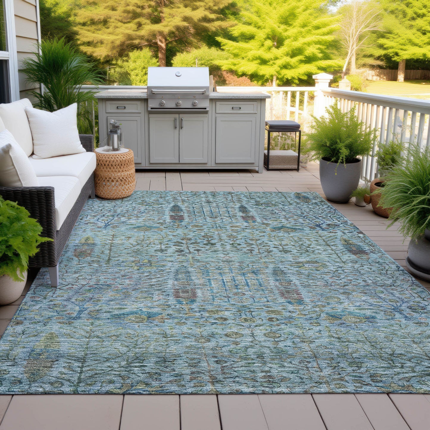 3' X 5' Teal Blue And Pale Aqua Floral Washable Indoor Outdoor Area Rug