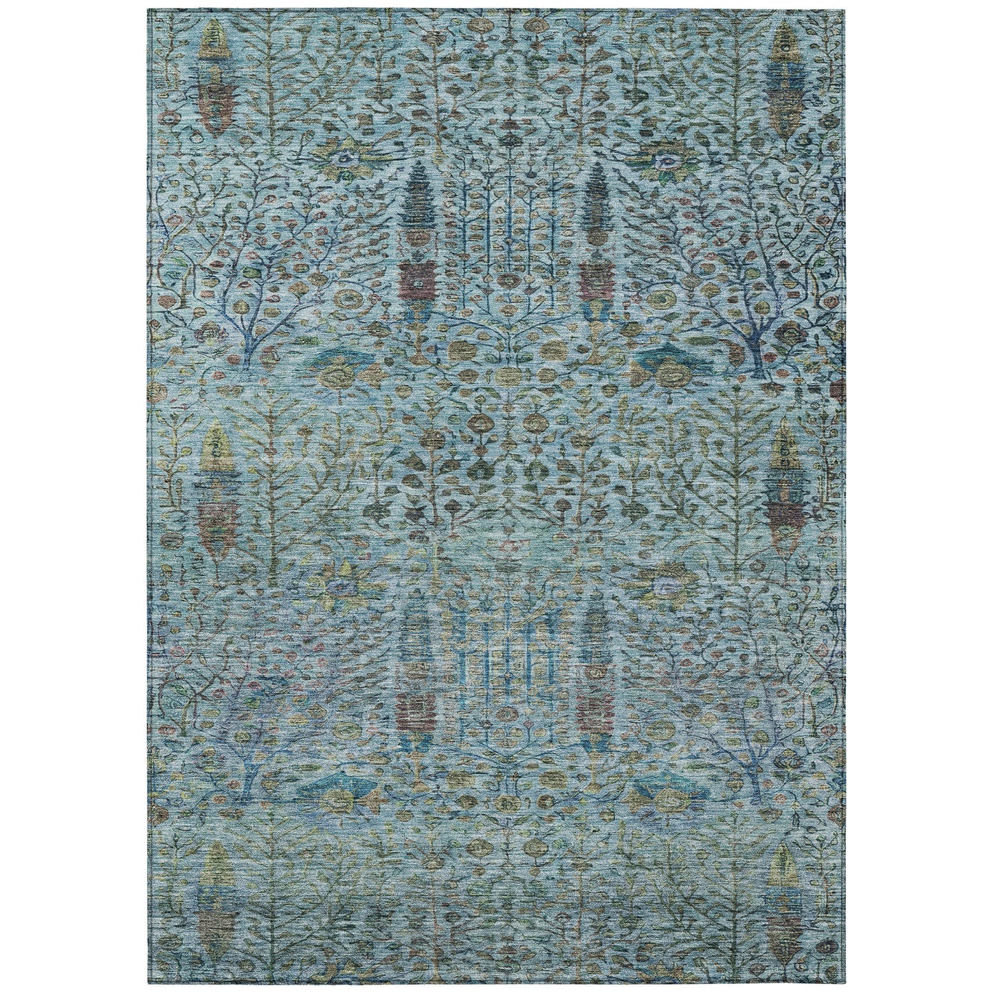 3' X 5' Teal Blue And Pale Aqua Floral Washable Indoor Outdoor Area Rug