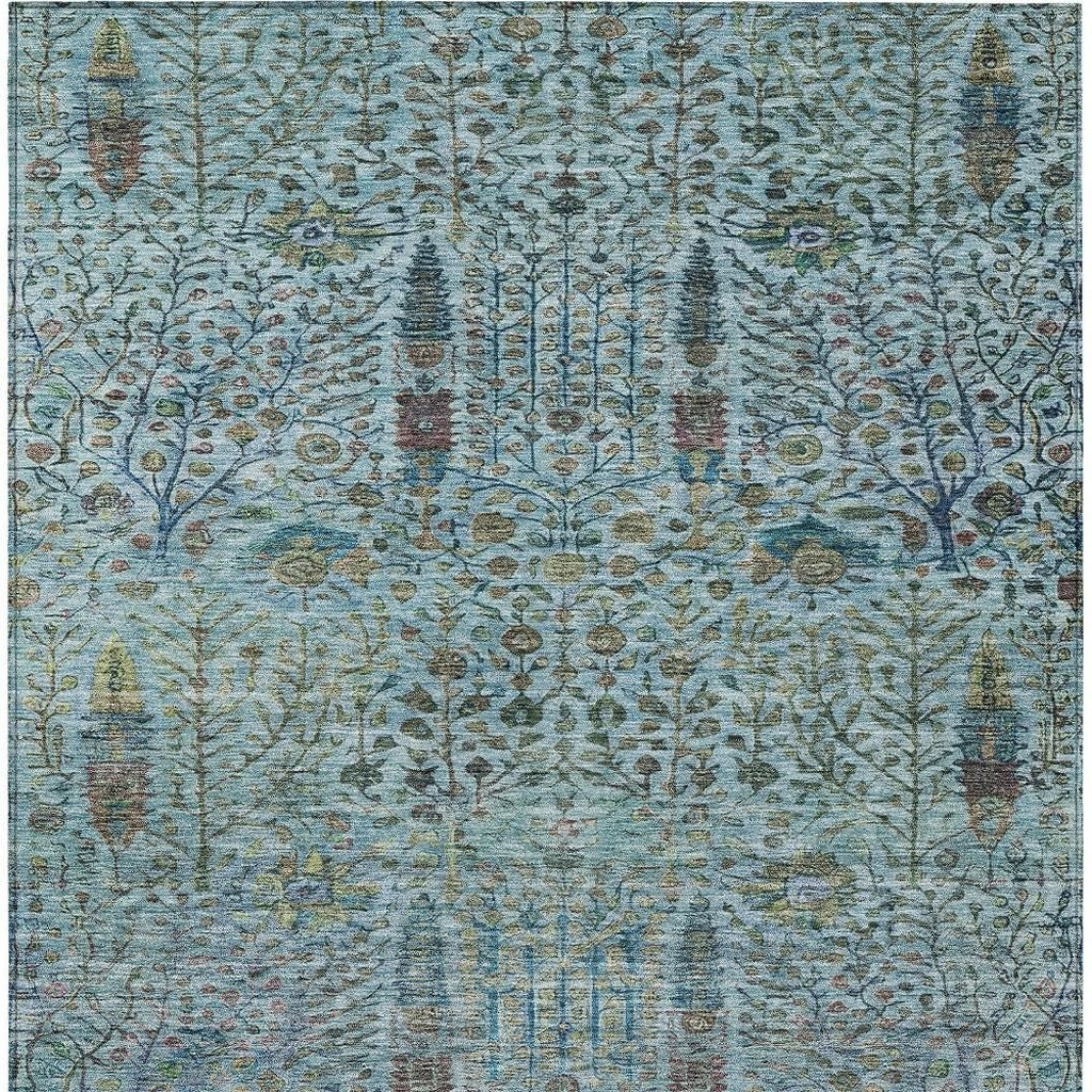 3' X 5' Teal Blue And Pale Aqua Floral Washable Indoor Outdoor Area Rug