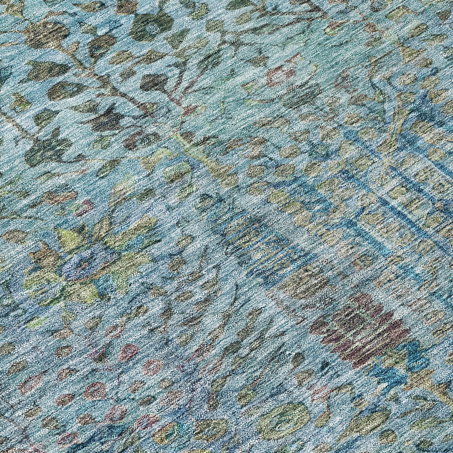 3' X 5' Teal Blue And Pale Aqua Floral Washable Indoor Outdoor Area Rug