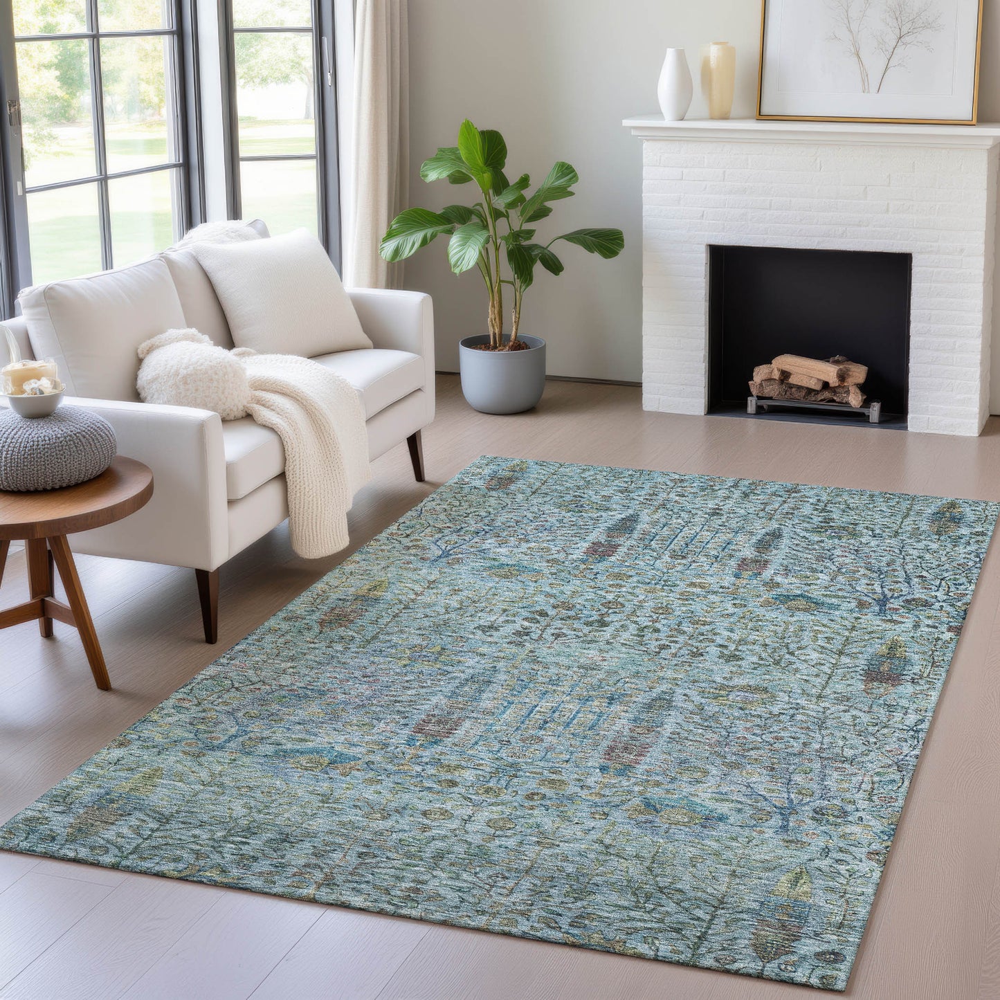 3' X 5' Teal Blue And Pale Aqua Floral Washable Indoor Outdoor Area Rug