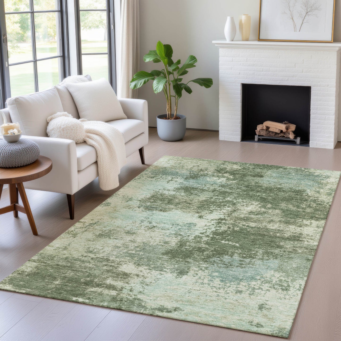 10' X 14' Artichoke Green And Pale Aqua Abstract Washable Indoor Outdoor Area Rug