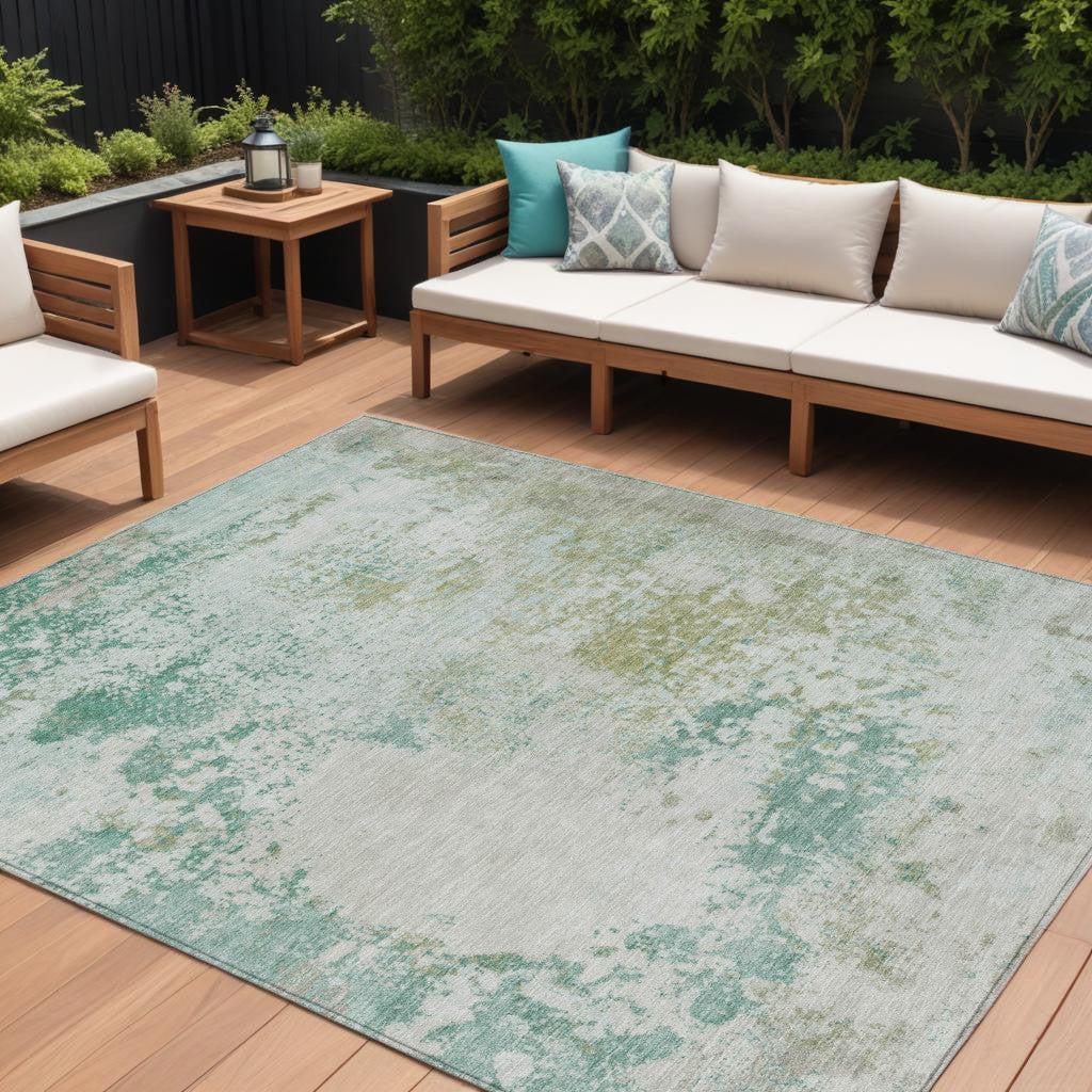 8' X 10' Beige Teal Blue And Ivory Abstract Washable Indoor Outdoor Area Rug
