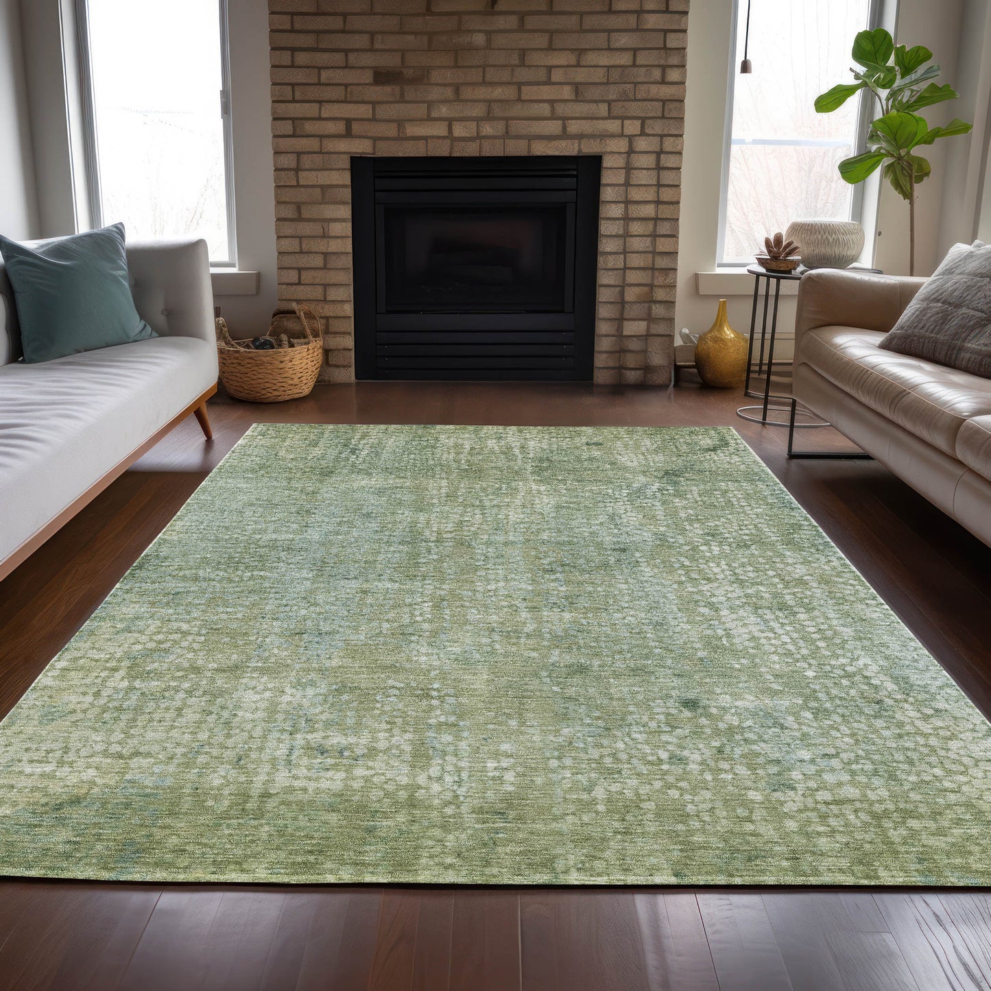 10' X 14' Green And Ivory Abstract Washable Indoor Outdoor Area Rug