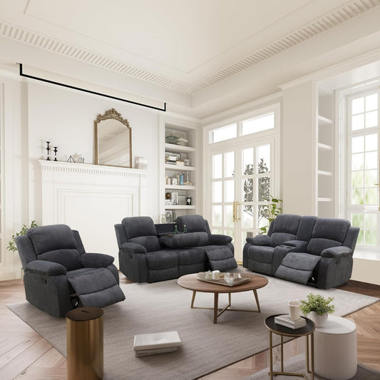 Recliner Sofa Set Living Room Furniture, Flannel Fabric Reclining Sofa Set, Recliner Couch Set with Cup Holders and Storage Console (3 Pieces Living Room Furniture Set, Dark Grey)-0