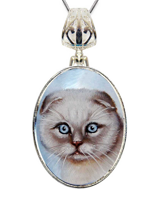 Scottish Cat Silver Plated Mother of Pearl Jewelry Pendant Necklace - 44038O-0