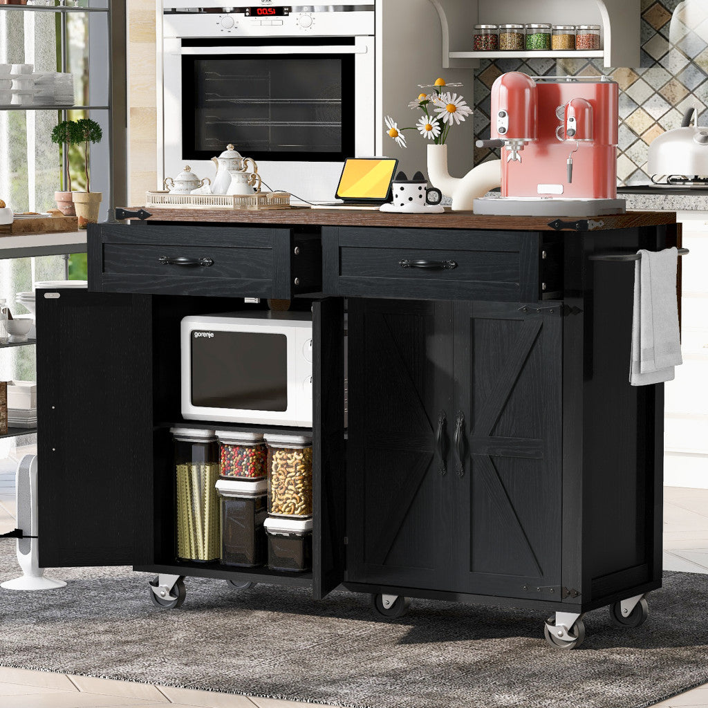 54" Black Wood Rolling Kitchen Island