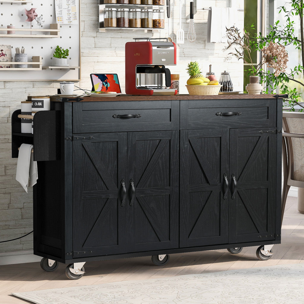 54" Black Wood Rolling Kitchen Island