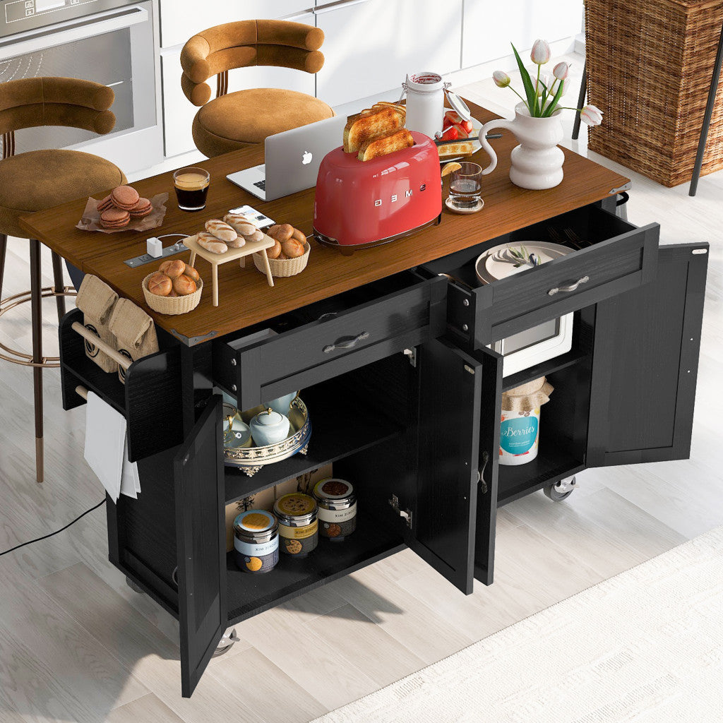 54" Black Wood Rolling Kitchen Island