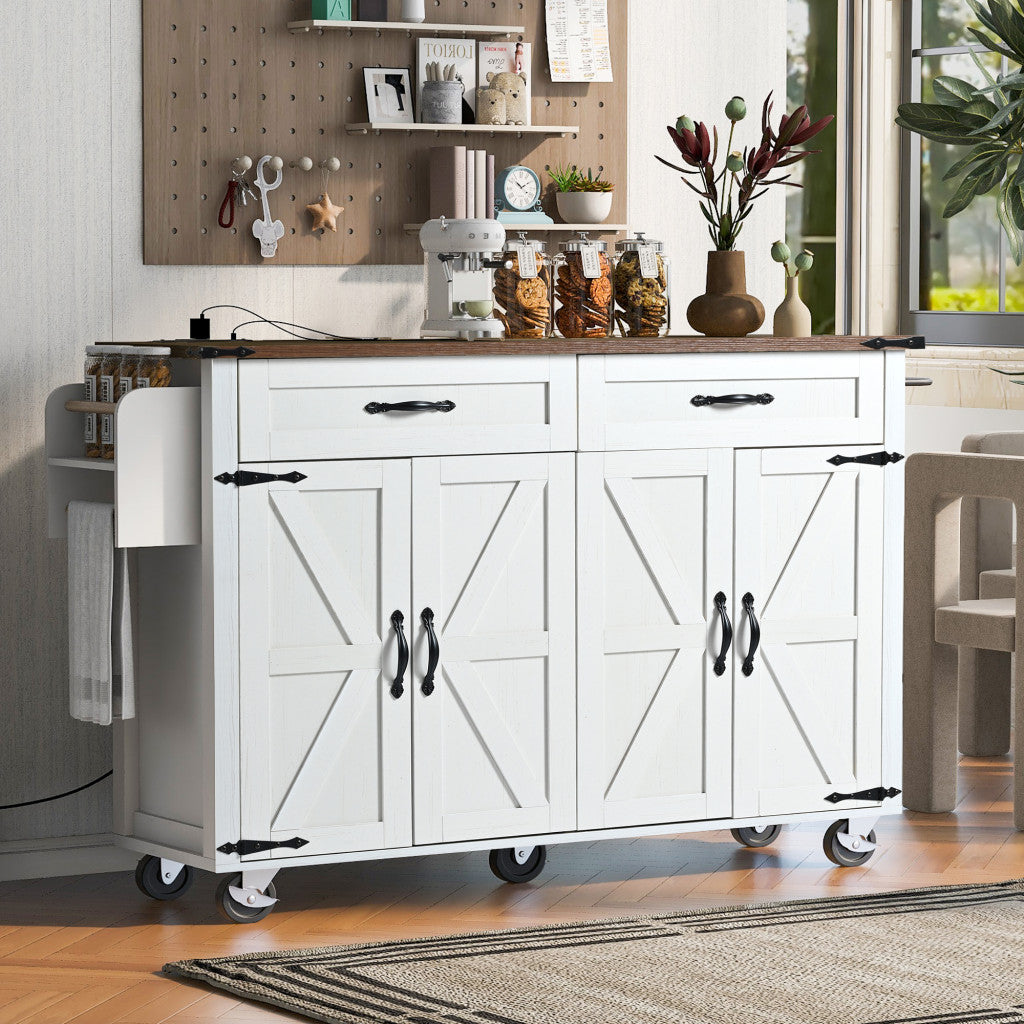 54" White Wood Rolling Kitchen Island