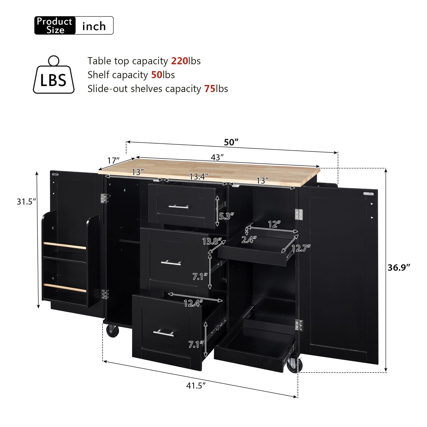 50" Black Wood Rolling Kitchen Island