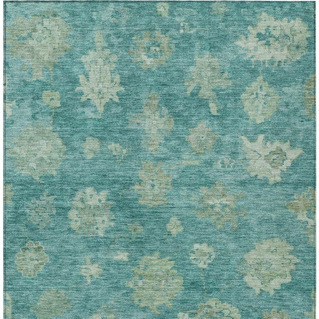 10' X 14' Teal Blue And Fern Green Floral Washable Indoor Outdoor Area Rug