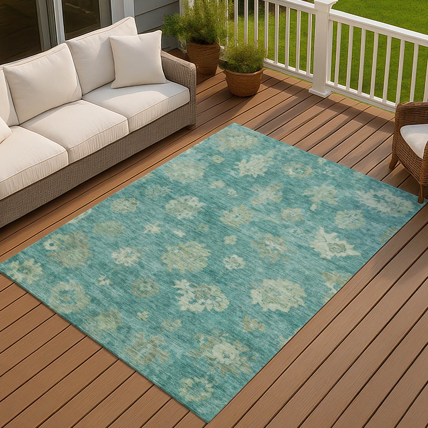 10' X 14' Teal Blue And Fern Green Floral Washable Indoor Outdoor Area Rug