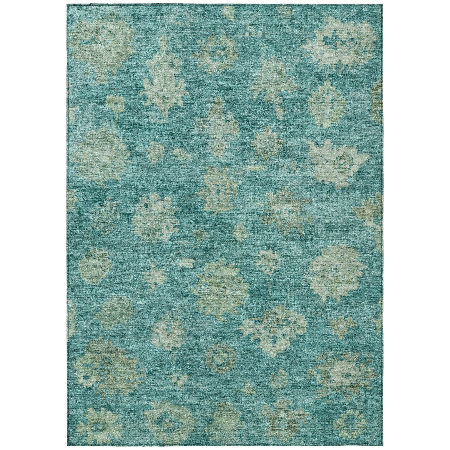 10' X 14' Teal Blue And Fern Green Floral Washable Indoor Outdoor Area Rug