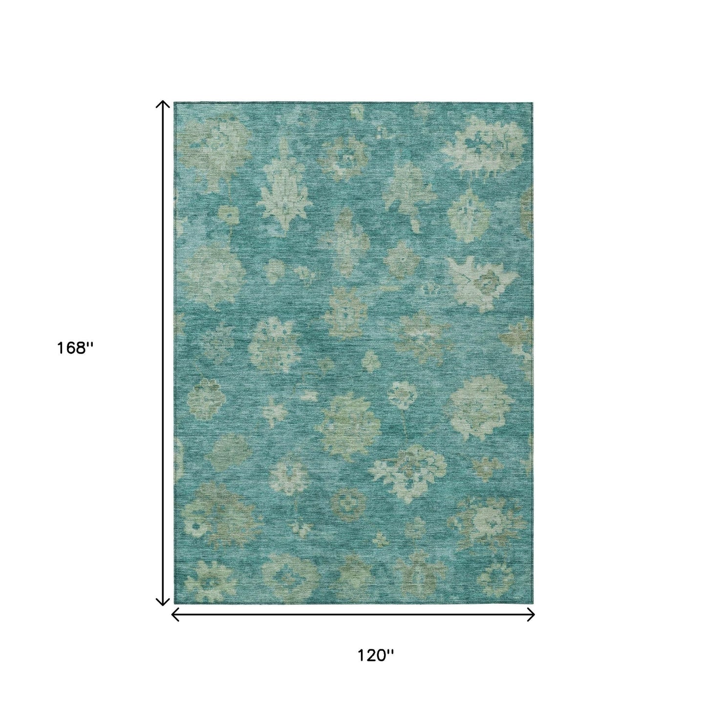 10' X 14' Teal Blue And Fern Green Floral Washable Indoor Outdoor Area Rug