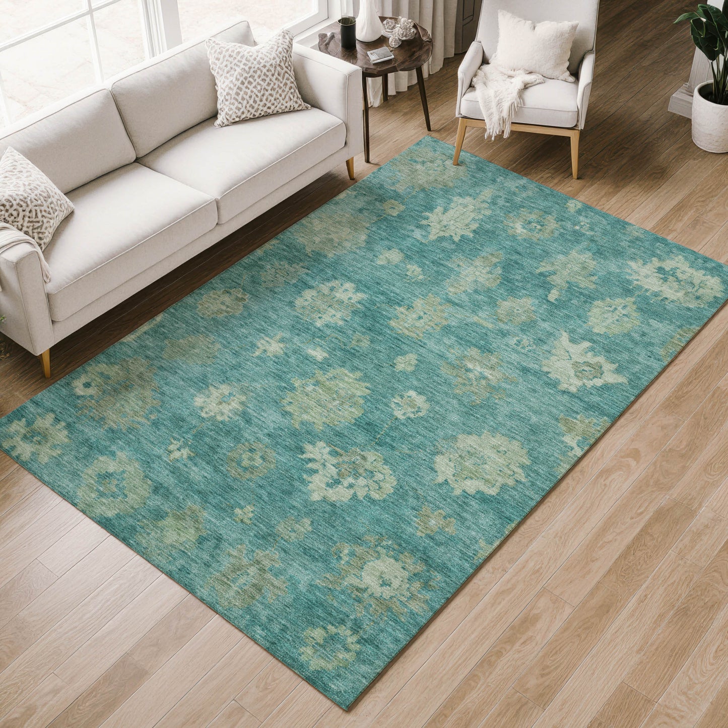 10' X 14' Teal Blue And Fern Green Floral Washable Indoor Outdoor Area Rug