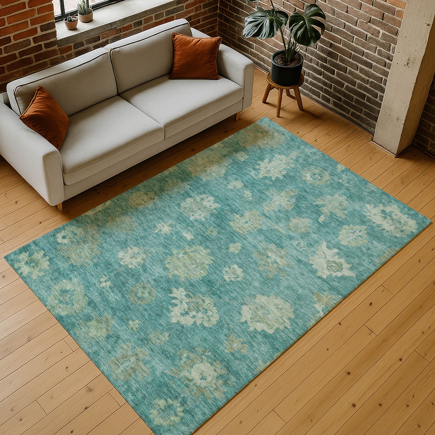 10' X 14' Teal Blue And Fern Green Floral Washable Indoor Outdoor Area Rug