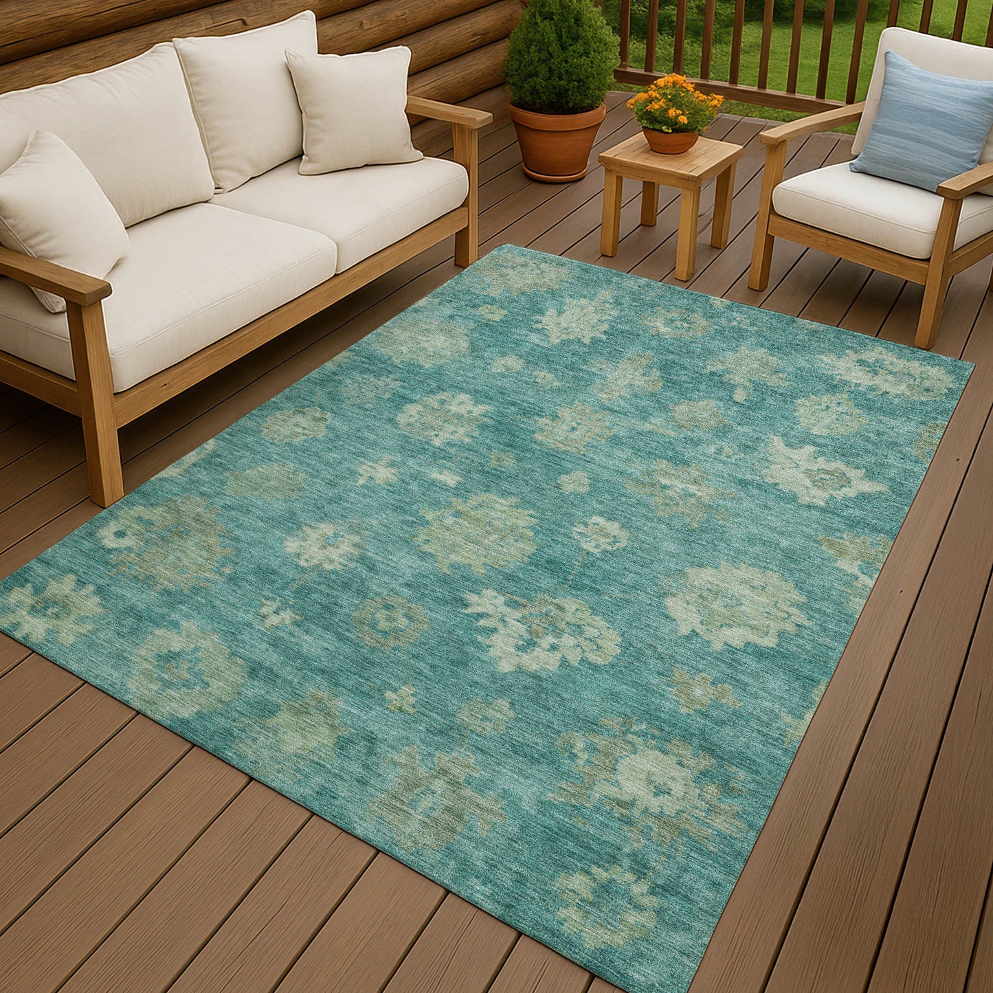 10' X 14' Teal Blue And Fern Green Floral Washable Indoor Outdoor Area Rug