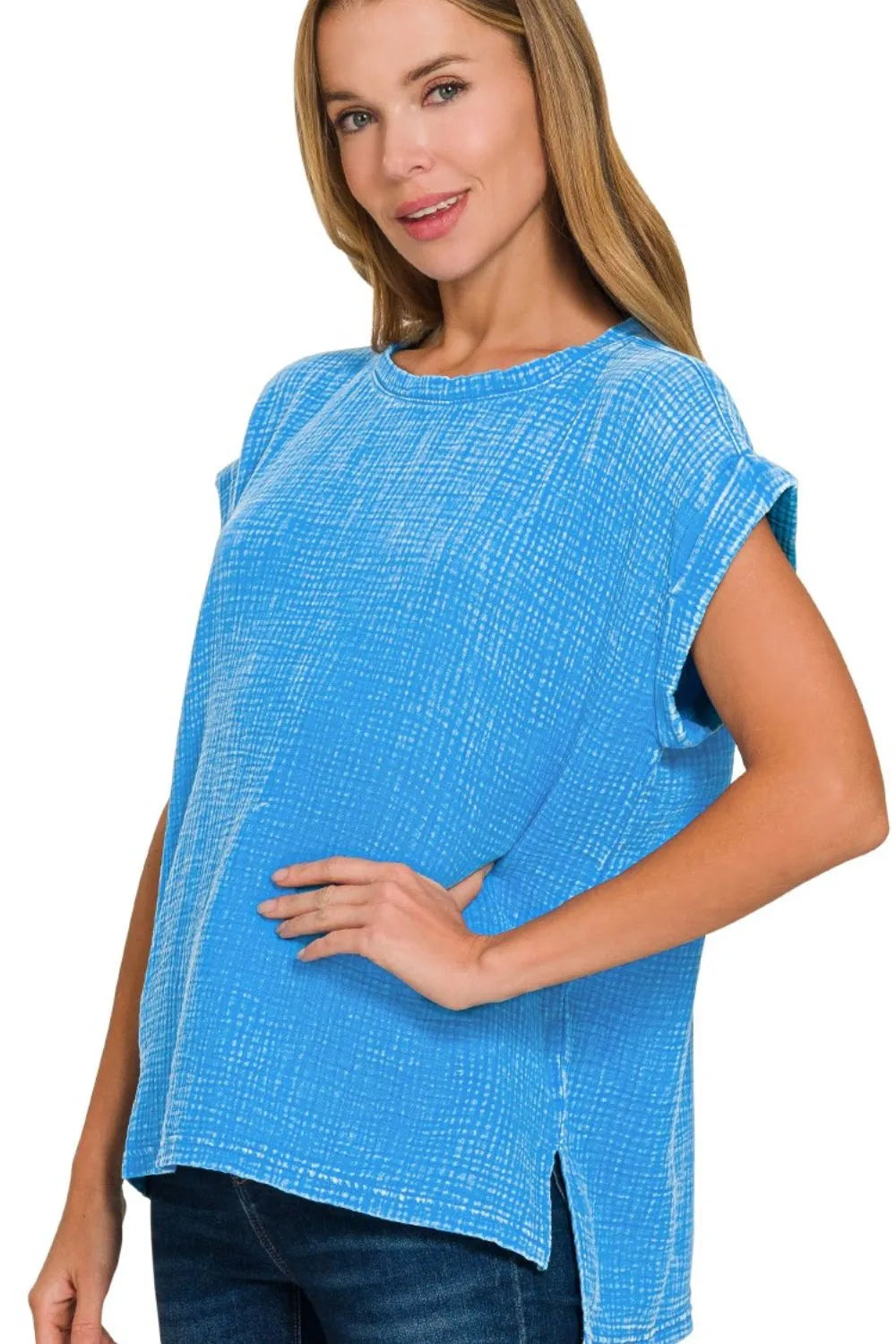 Zenana Woven Double Gauze Acid Washed Short Sleeve Top-0