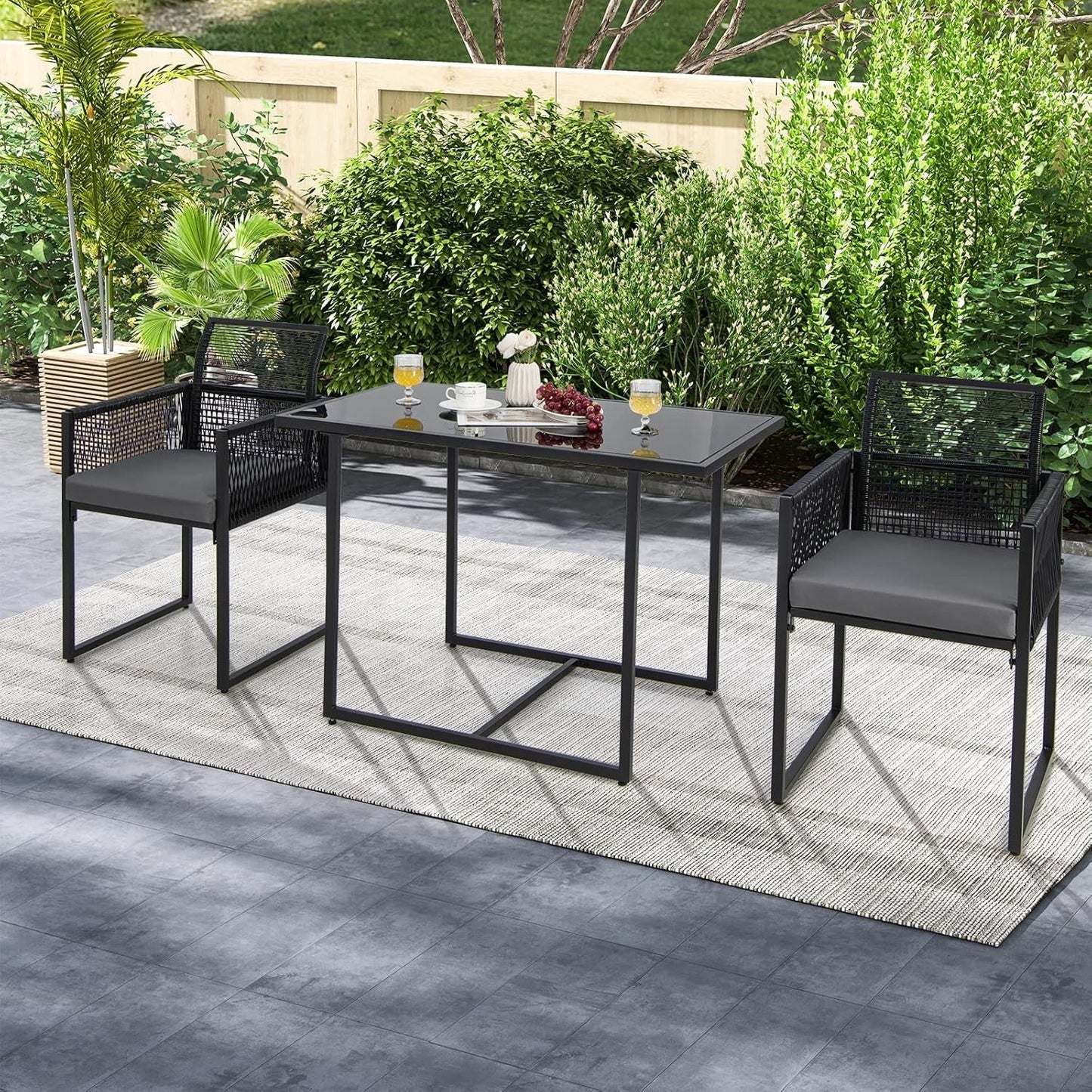 3 Pieces Outdoor Dining Set, Patio PE Rattan Furniture Set with Folding Backrest, Cozy Seat Cushions, Tempered Glass Tabletop, Space-Saving Rattan Chair Table Set for Backyard, Poolside-1